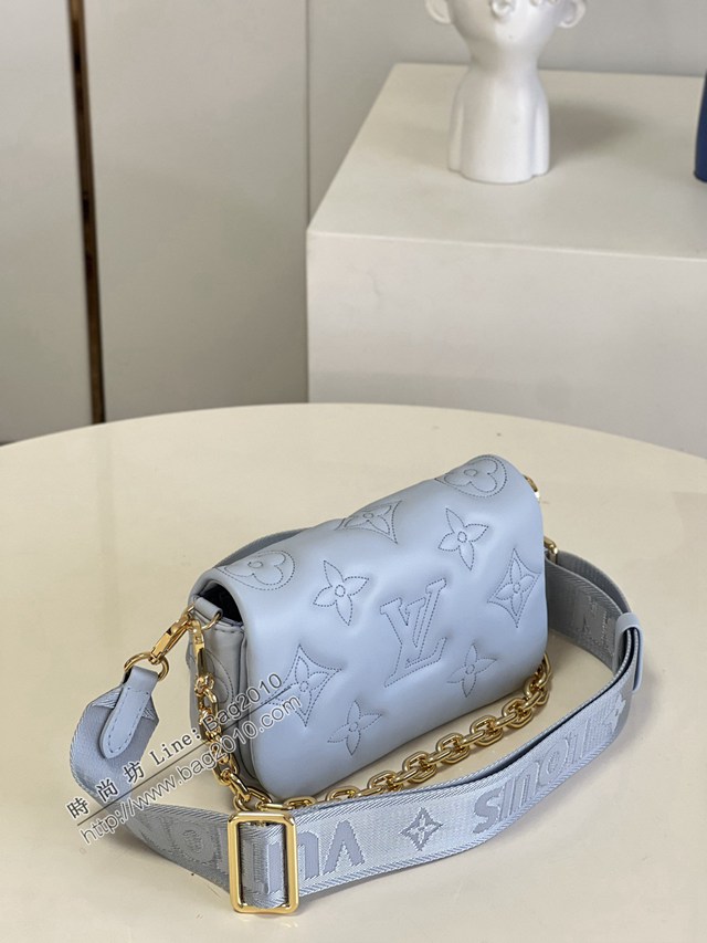 LV專櫃2023新款Wallet on Strap手袋 M81399藍 路易威登Bubblegram系列牛皮壓花鏈條肩背包 dn1207